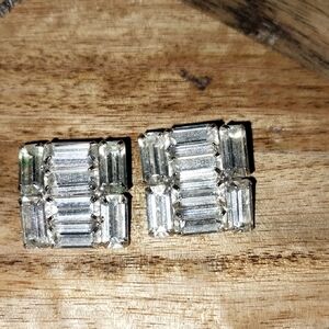 Elegant Art Deco Signed Weiss Silver Tone Emerald Cut Rhinestone Earrings